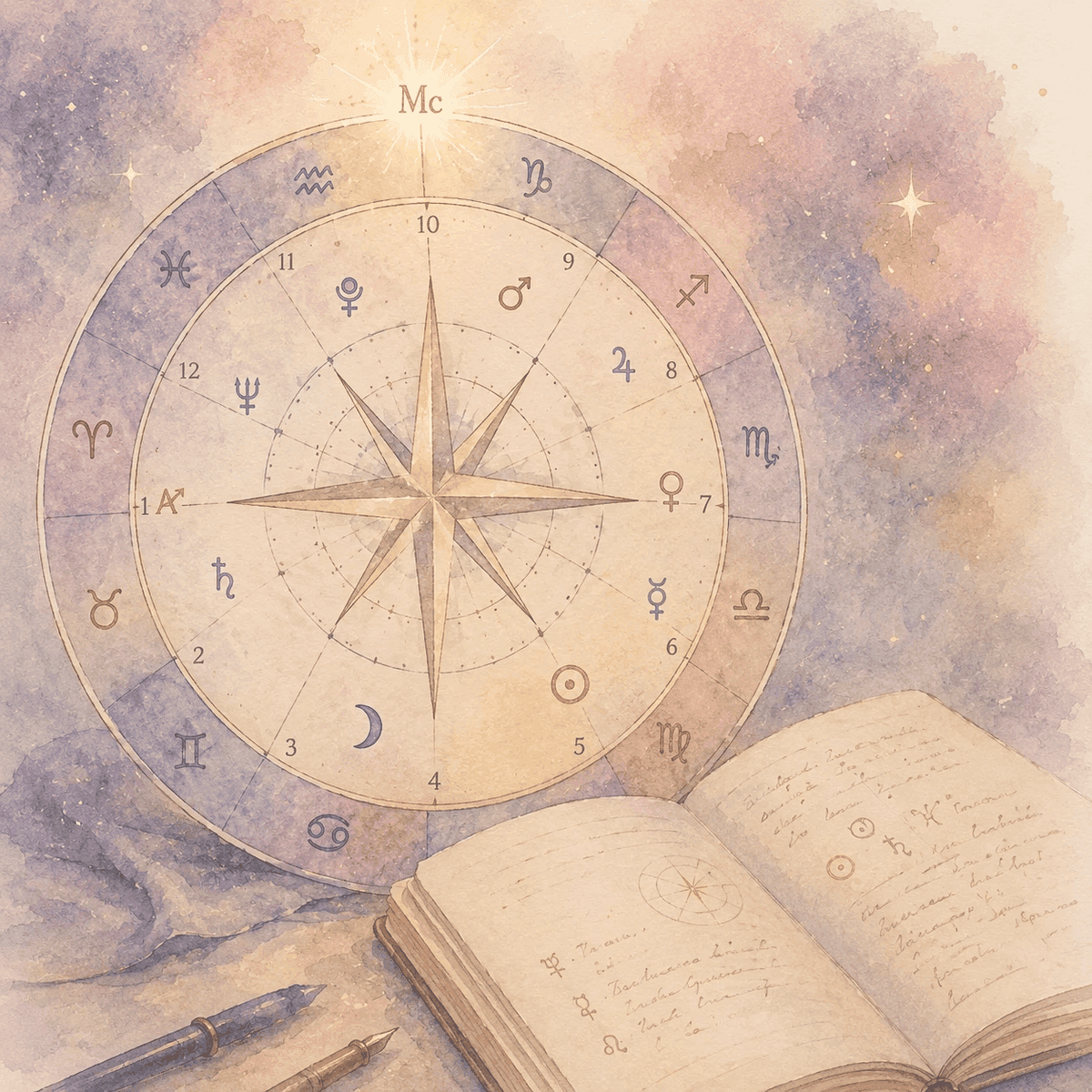 A compass rose overlaid on a birth chart wheel with the Midheaven point illuminated at the top, resting beside an open notebook