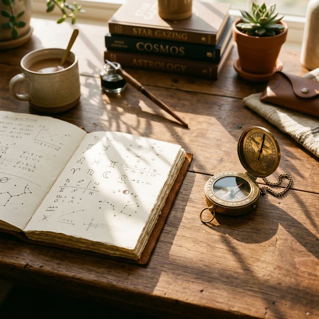 A sunlit wooden desk with an open notebook of handwritten chart notes, a brass compass, a cup of tea and a small succulent