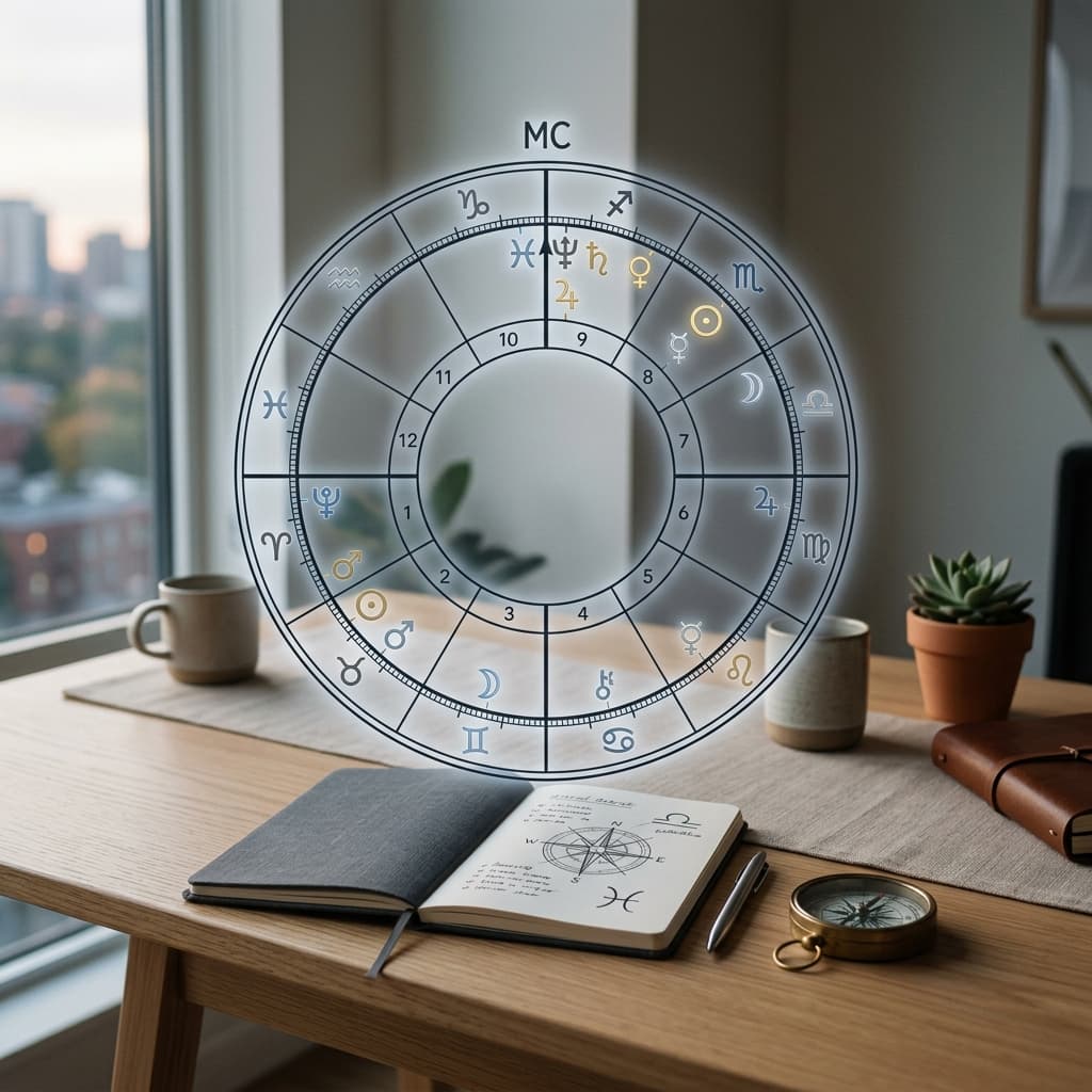 A translucent astrological natal wheel with the Midheaven marked at the top, floating above a minimalist desk with a notebook, compass, and morning light through a window