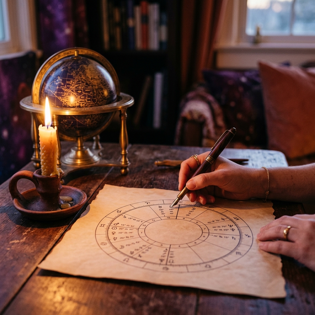 An astrologer's hands annotating a natal chart wheel on aged parchment by candlelight, with a celestial globe in soft focus behind