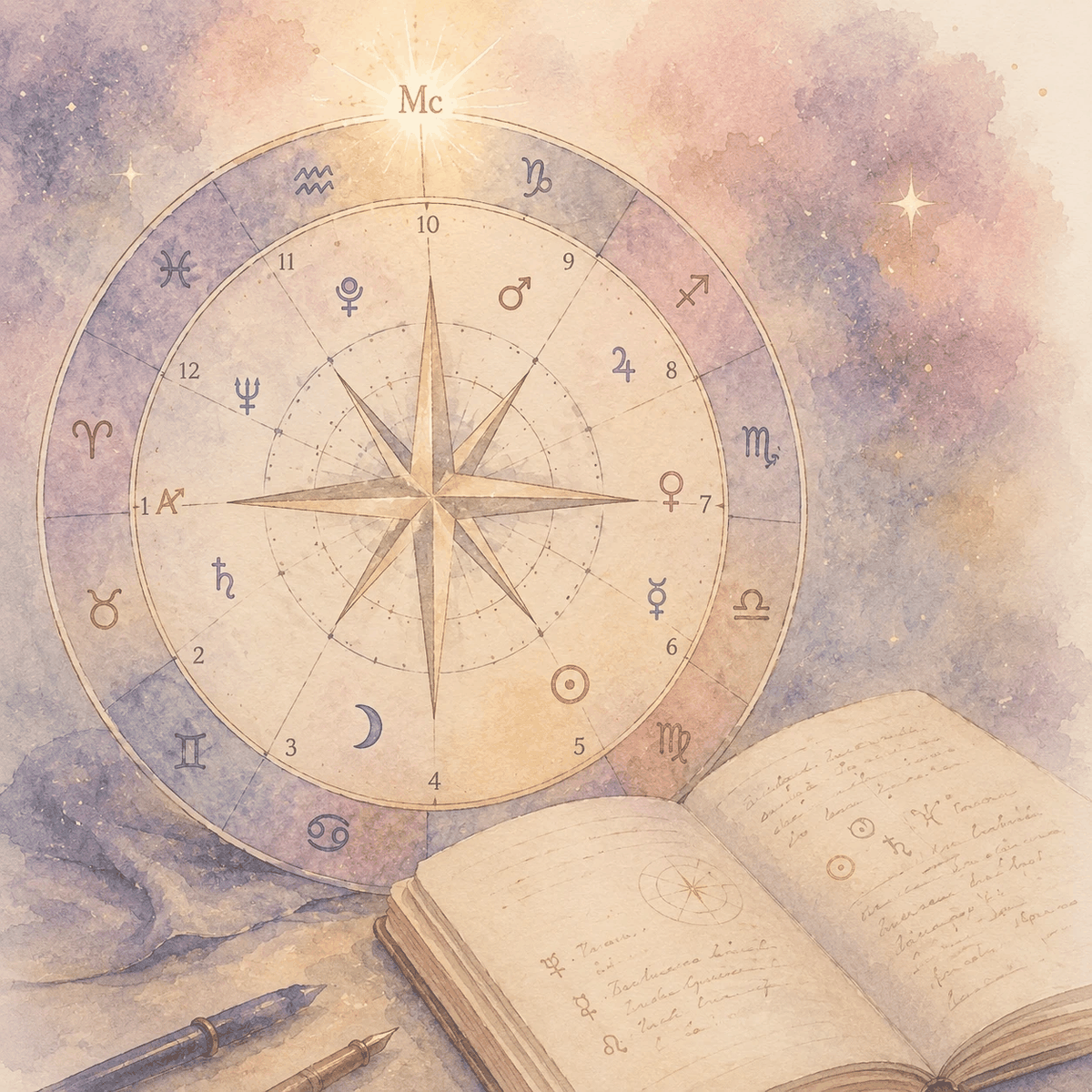 A compass rose overlaid on a birth chart wheel with the Midheaven point illuminated at the top, resting beside an open notebook