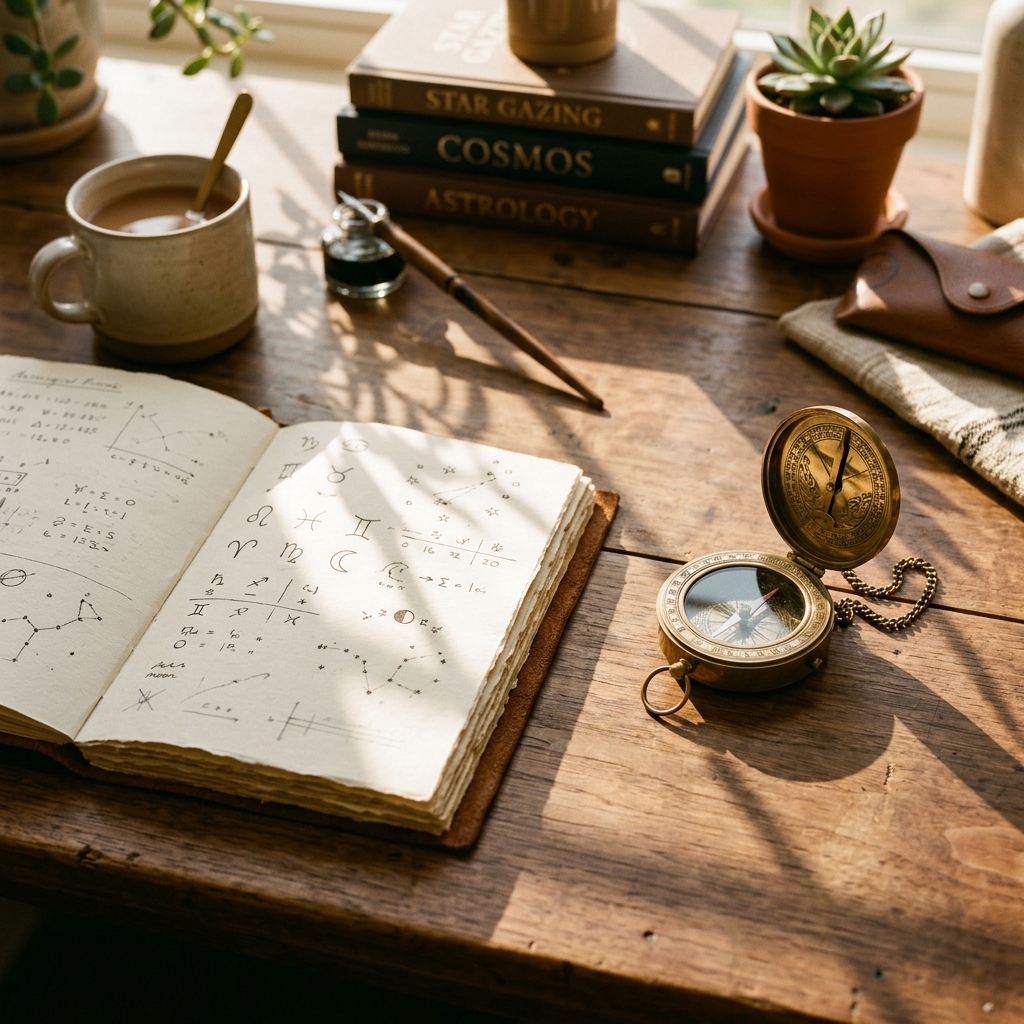 A glowing astrological chart wheel with zodiac symbols radiating golden light against a deep indigo starfield