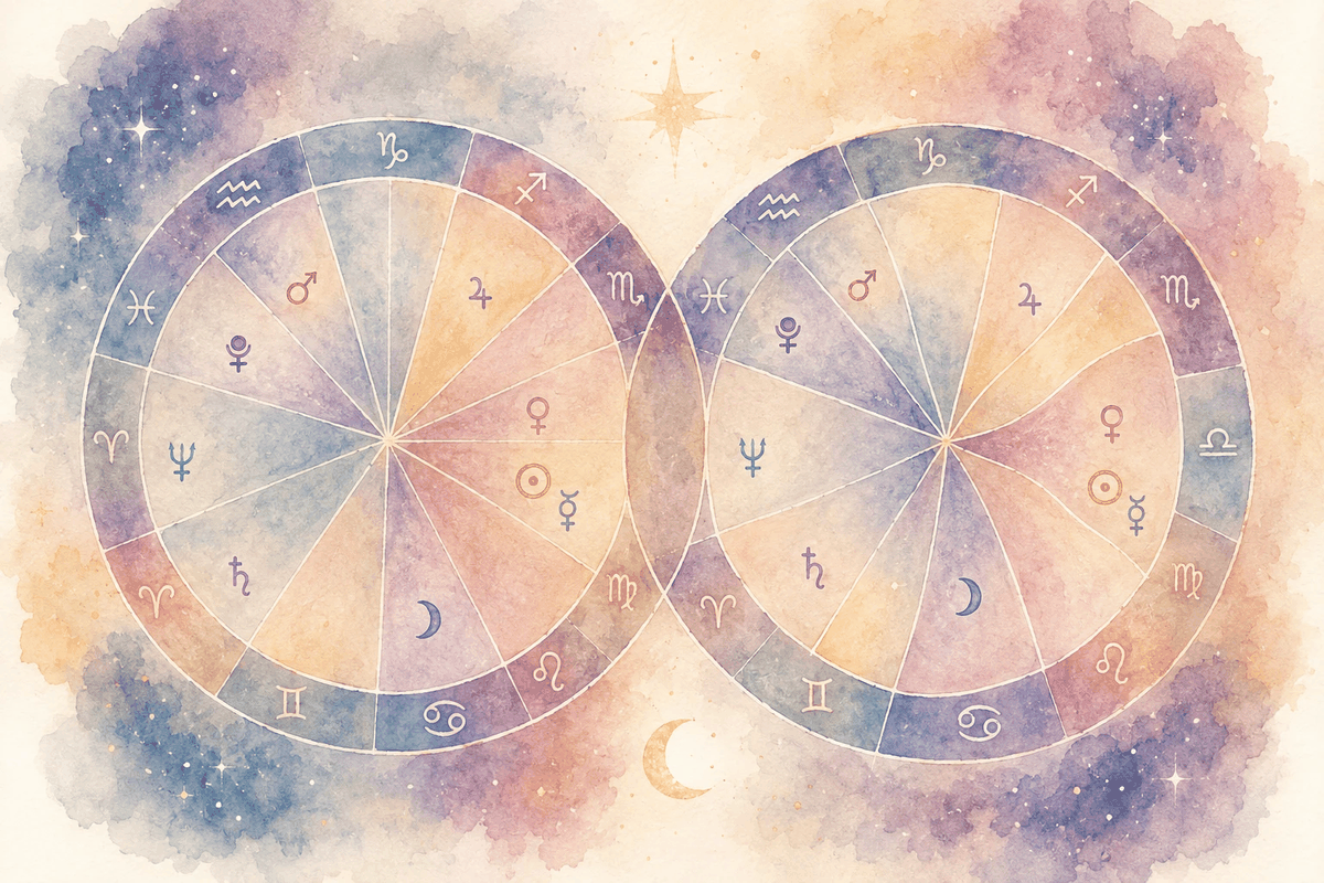 Two overlapping astrological chart wheels showing different house divisions for the same birth data, one with equal segments and one with unequal segments